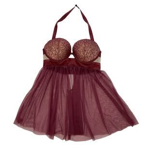 VICTORIAS SECRET Garnet Red Eyelash Lace Mesh Babydoll Bra Top Size 34D #397852